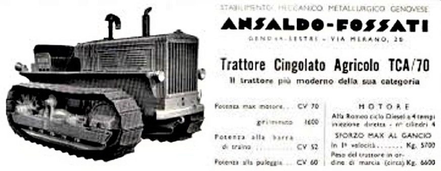 Ansaldo Fossati TCA 70 Brochure con indicate le caratteristiche del trattore cingolato. 