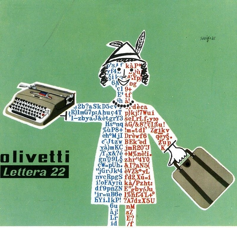 Anni 50 e il design italiano, Manifesto pubblicitario disegnato nel 1954 da Raymond Savignac per la macchina per scrivere portatile Lettera 22.